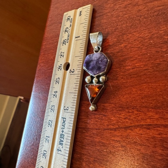 Vintage Navajo Artisan Thomas Francisco Sterling Silver Charoite Amber Pendant. - Picture 10 of 16